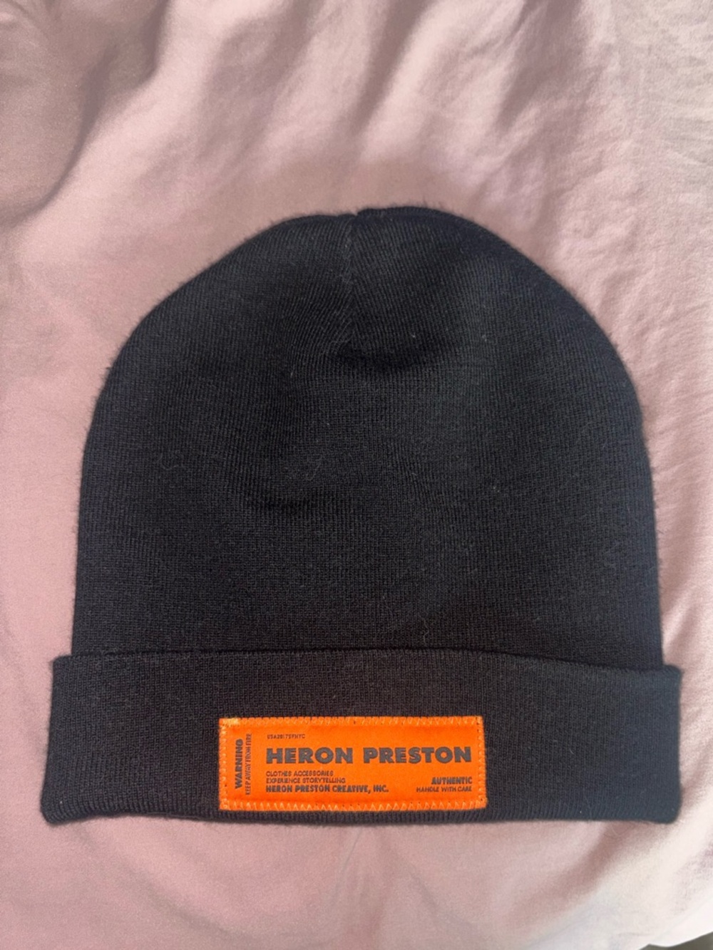 Heron Preston Black Knit Beanie with Orange Logo Patch